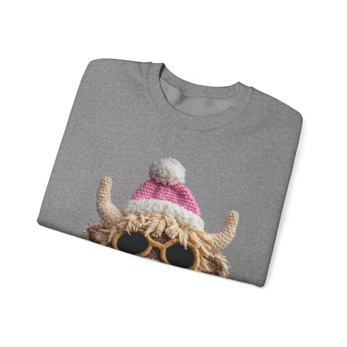 Faux Crochet Highland Cow Bubblegum – Gildan Heavy Blend | Trendy Women’s Soft Sweatshirt. Direct to Garment. Printed & Shipped in the USA. Unisex Sizes.