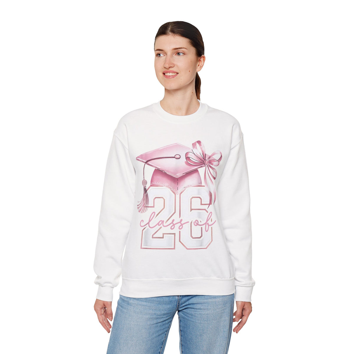 Pink Coquette, Class of 2026 Graduation Cap – Gildan Heavy Blend | Trendy Women’s Soft Sweatshirt. Direct to Garment. Printed & Shipped in the USA. Unisex Sizes.