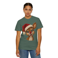 Cute Rudolph Faux Knit Look Reindeer w/Santa Hat - Comfort Colors | Trendy Women's T-Shirt. Direct to Garment. Printed & Shipped in the USA. Unisex Sizes.