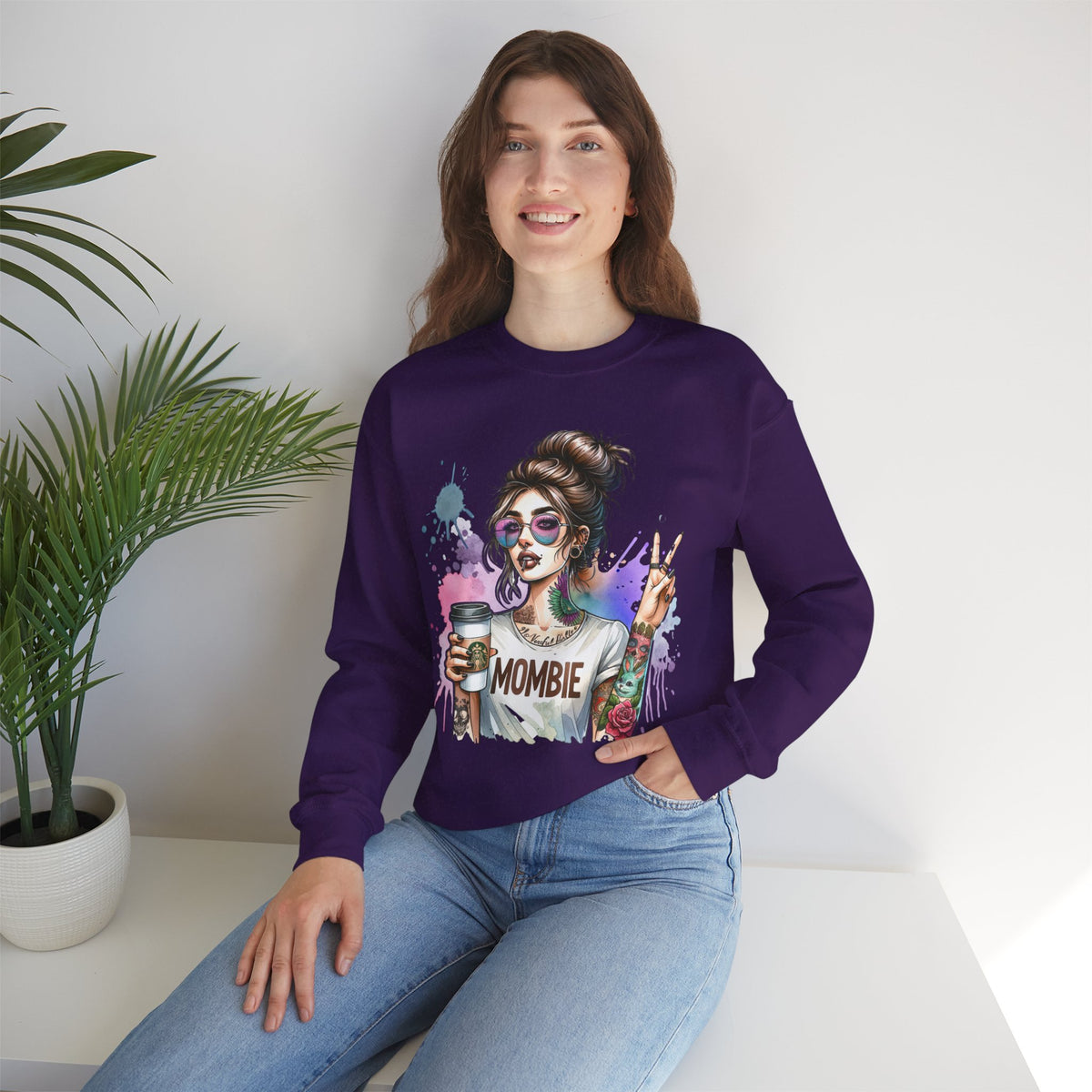 Cool Mombie with Coffee Peace Tattoo - Tired Mom – Gildan Heavy Blend | Trendy Women’s Soft Sweatshirt. Direct to Garment. Printed & Shipped in the USA. Unisex Sizes.
