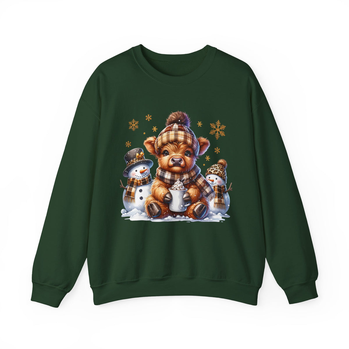 Cute Highland Cow with Snowmen, Winter – Gildan Heavy Blend | Trendy Women’s Soft Sweatshirt. Direct to Garment. Printed & Shipped in the USA. Unisex Sizes.