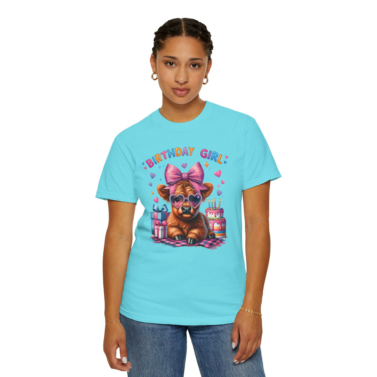 Birthday Girl, Highland Cow - Comfort Colors | Trendy Women's T-Shirt. Direct to Garment. Printed & Shipped in the USA. Unisex Sizes.
