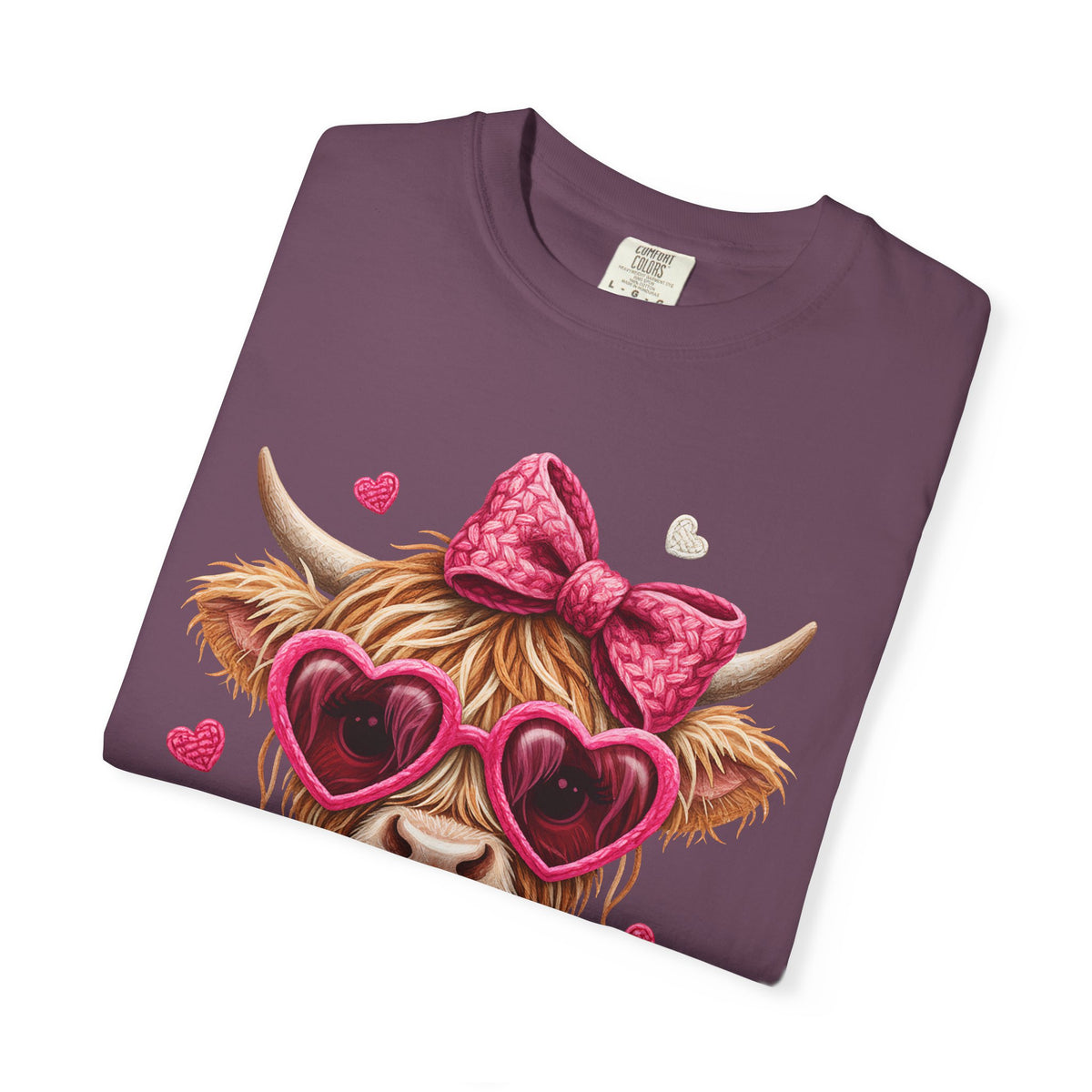 Highland Cow - Pink Heart Shaped Glasses - Comfort Colors | Trendy Women's T-Shirt. Direct to Garment. Printed & Shipped in the USA. Unisex Sizes.