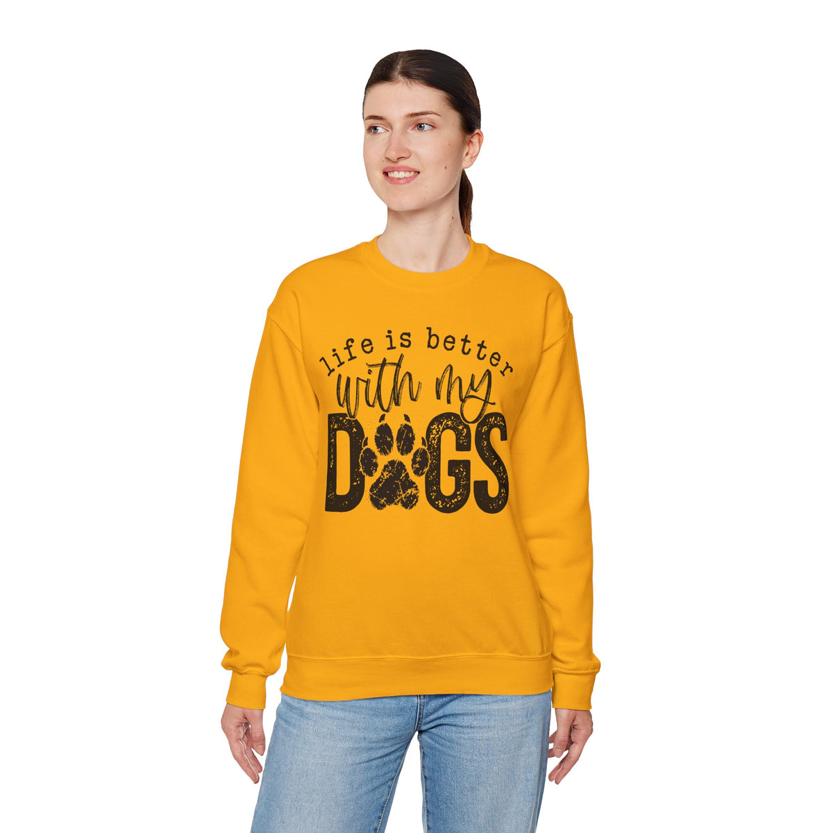 Life Is Better With My Dogs, Distressed – Gildan Heavy Blend | Trendy Women’s and Men's Soft Sweatshirt. Direct to Garment. Printed & Shipped in the USA. Unisex Sizes.