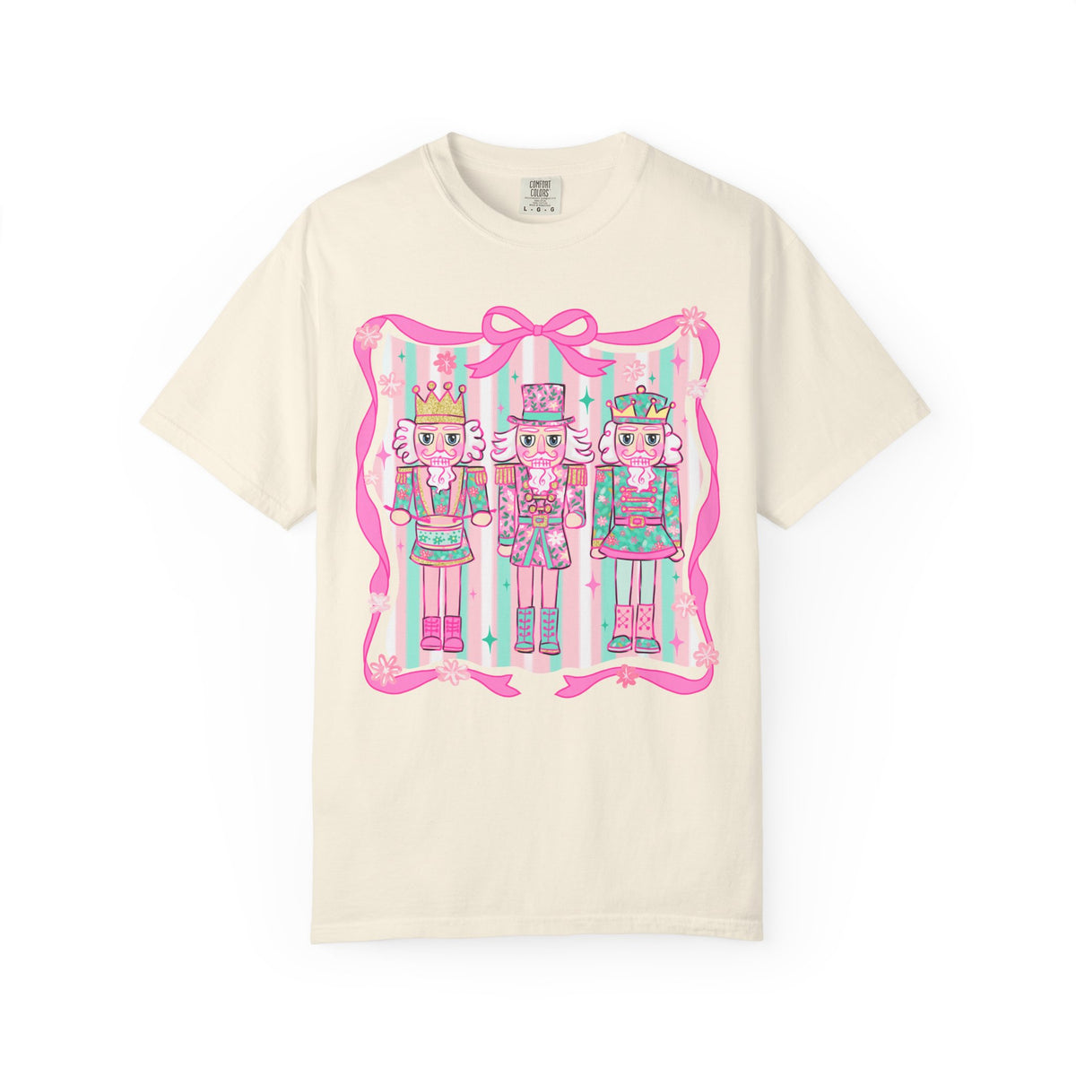 Coquette Pastel Christmas Nutcracker Trio Pink and Green - Comfort Colors | Trendy Women's T-Shirt. Direct to Garment. Printed & Shipped in the USA. Unisex Sizes.