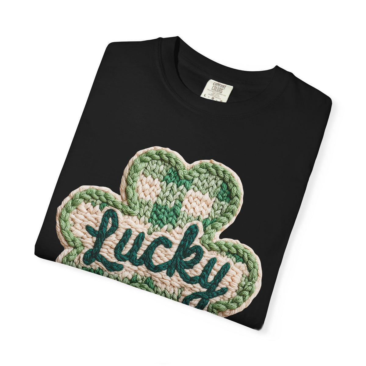 Lucky Shamrock Faux Knit - Comfort Colors | Trendy Men's and Women's T-Shirt. Direct to Garment. Printed & Shipped in the USA. Unisex Sizes.
