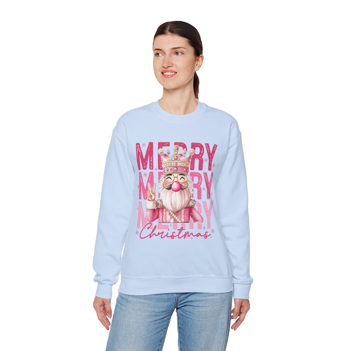 Merry Christmas - Cute Pink Bubblegum Nutcracker – Gildan Heavy Blend | Trendy Women’s Soft Sweatshirt. Direct to Garment. Printed & Shipped in the USA. Unisex Sizes.