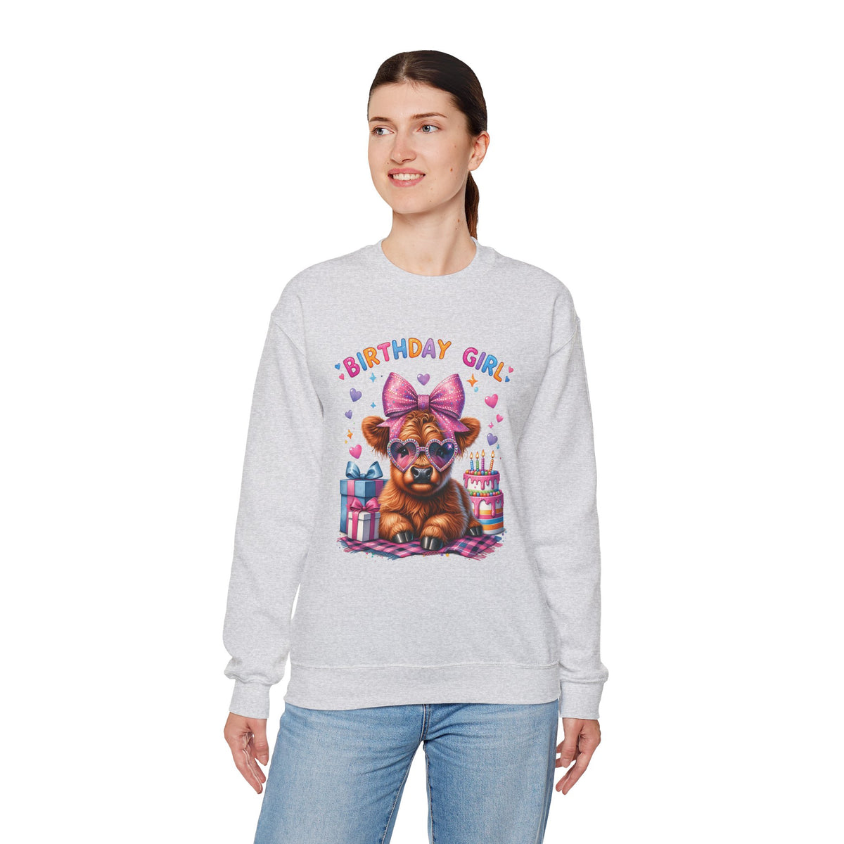 Birthday Girl, Highland Cow – Gildan Heavy Blend | Trendy Women’s Soft Sweatshirt. Direct to Garment. Printed & Shipped in the USA. Unisex Sizes.