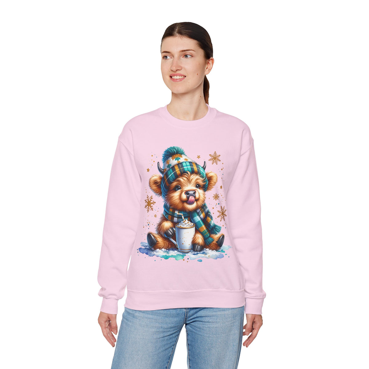 Winter Baby Highland Cow with Cocoa – Gildan Heavy Blend | Trendy Women’s Soft Sweatshirt. Direct to Garment. Printed & Shipped in the USA. Unisex Sizes.