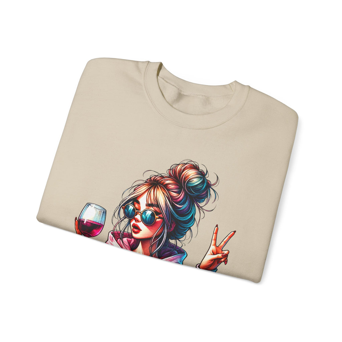 Dramatic Girl With Wine Messy Bun Peace Sign – Gildan Heavy Blend | Trendy Women’s Soft Sweatshirt. Direct to Garment. Printed & Shipped in the USA. Unisex Sizes.