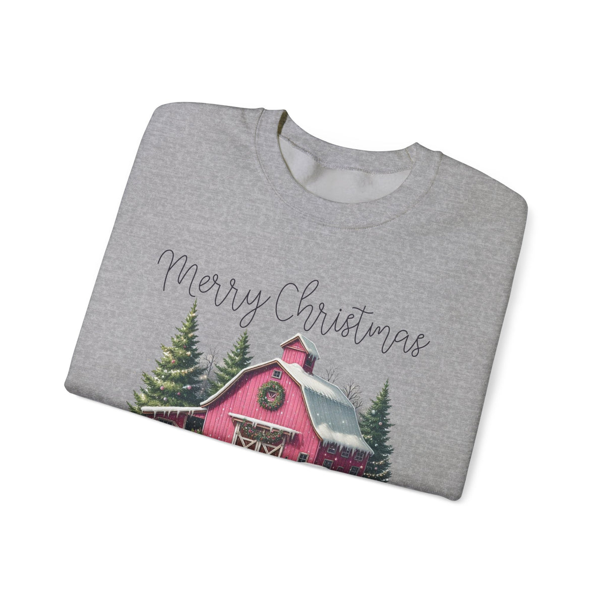 Merry Christmas Pink Barn Farm Animals – Gildan Heavy Blend | Trendy Women’s Soft Sweatshirt. Direct to Garment. Printed & Shipped in the USA. Unisex Sizes.