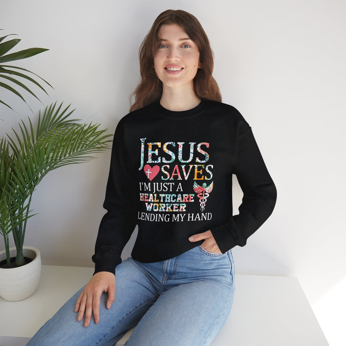 Jesus Saves - Healthcare Worker Lending My Hand – Gildan Heavy Blend | Trendy Women’s Soft Sweatshirt. Direct to Garment. Printed & Shipped in the USA. Unisex Sizes.