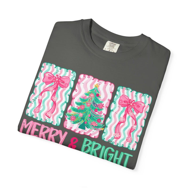 Merry & Bright Christmas — Pink & Green Holiday Tree Design - Comfort Colors | Trendy Women's T-Shirt. Direct to Garment. Printed & Shipped in the USA. Unisex Sizes.