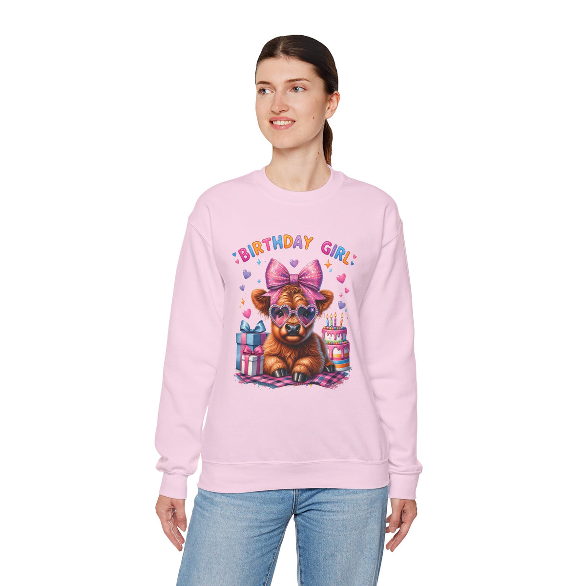 Birthday Girl, Highland Cow – Gildan Heavy Blend | Trendy Women’s Soft Sweatshirt. Direct to Garment. Printed & Shipped in the USA. Unisex Sizes.