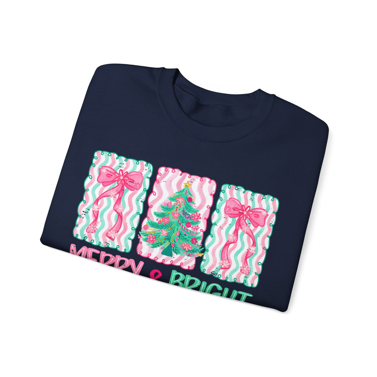 Merry & Bright Christmas - Pink & Green Holiday Tree Design – Gildan Heavy Blend | Trendy Women’s Soft Sweatshirt. Direct to Garment. Printed & Shipped in the USA. Unisex Sizes.