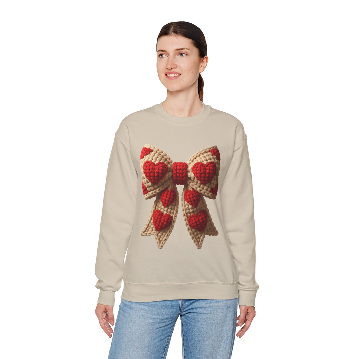 Faux Crochet Valentine Bow – Gildan Heavy Blend | Trendy Women’s Soft Sweatshirt. Direct to Garment. Printed & Shipped in the USA. Unisex Sizes.
