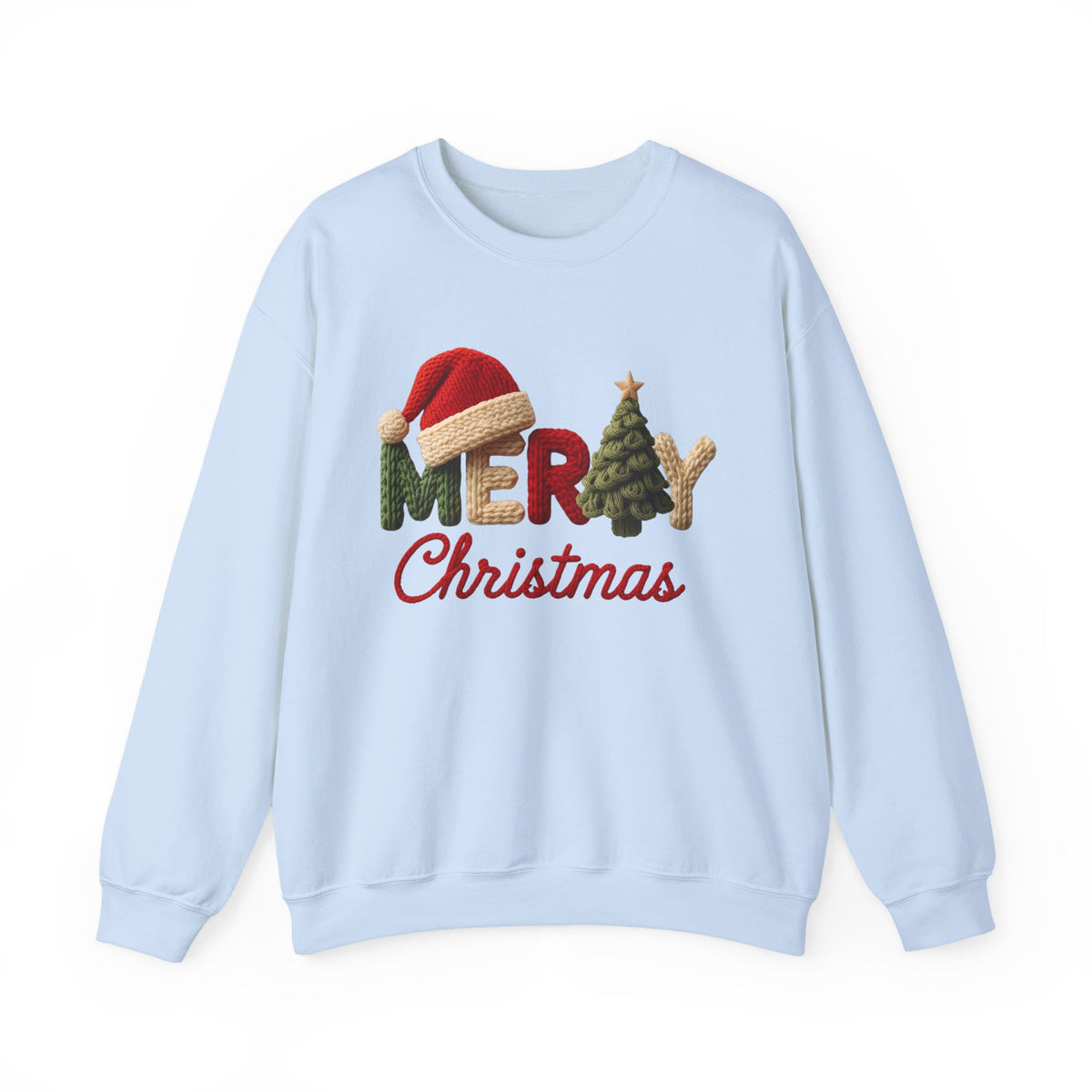 Merry Christmas Faux Yarn w/Santa Hat & Tree – Gildan Heavy Blend | Trendy Women’s Soft Sweatshirt. Direct to Garment. Printed & Shipped in the USA. Unisex Sizes.