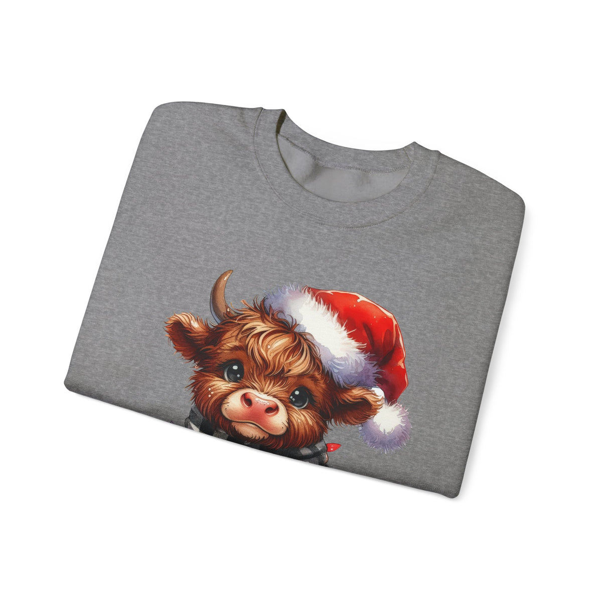 Cute Highland Cow Santa Hat Scarf Christmas Lights – Gildan Heavy Blend | Trendy Women’s Soft Sweatshirt. Direct to Garment. Printed & Shipped in the USA. Unisex Sizes.
