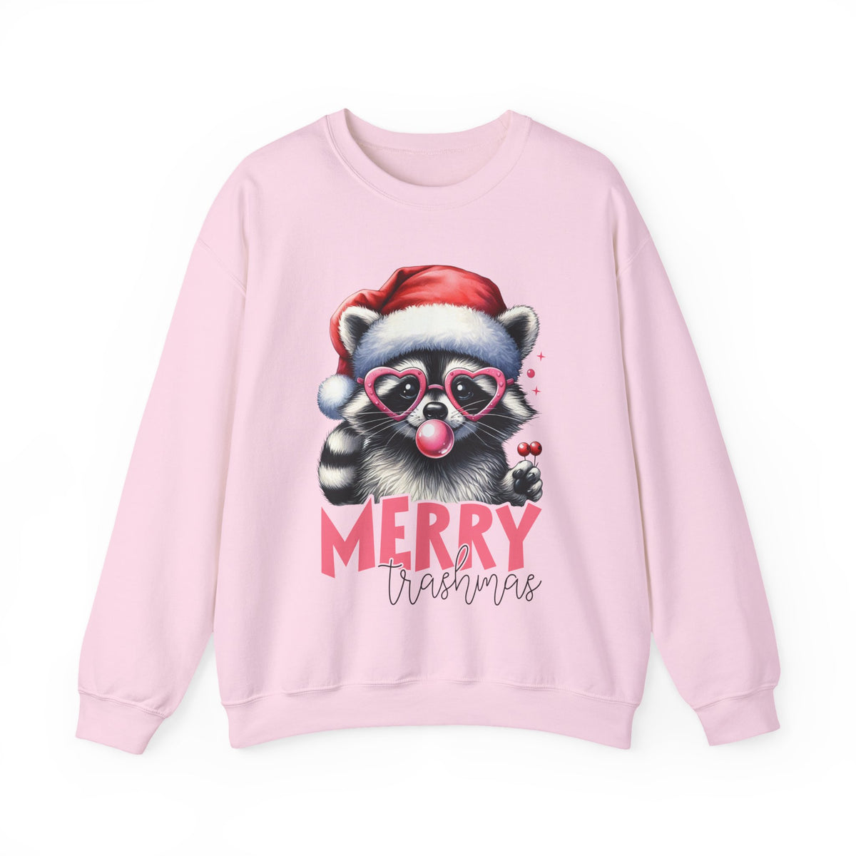 Merry Trashmas Bubblegum Raccoon w/Santa Hat Christmas – Gildan Heavy Blend | Trendy Women’s Soft Sweatshirt. Direct to Garment. Printed & Shipped in the USA. Unisex Sizes.
