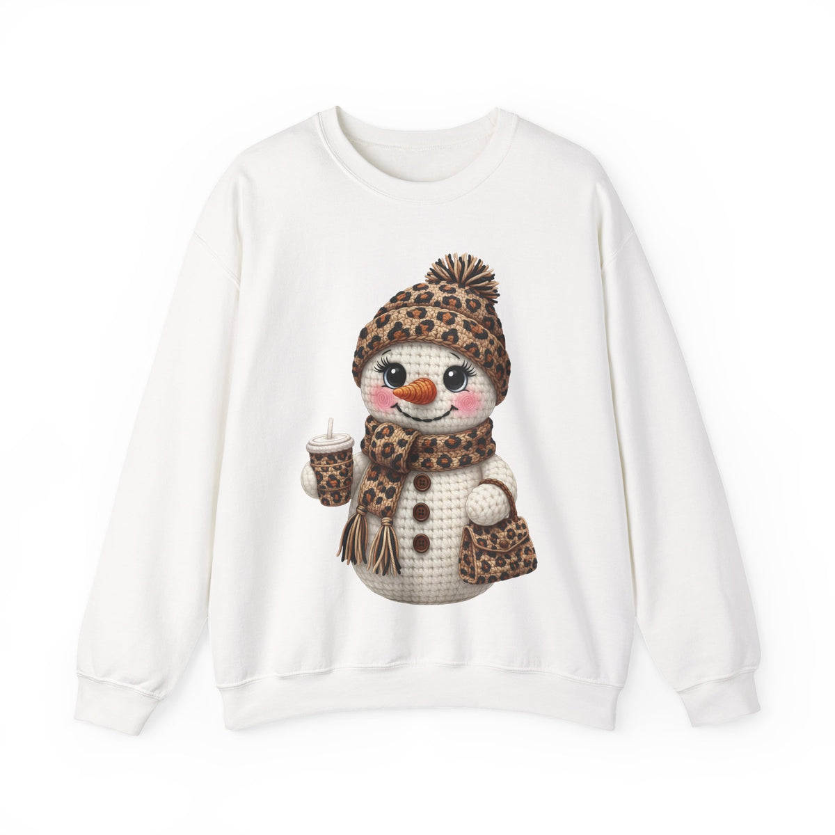 Leopard Snowman - Leopard Purse, Drink, Hat & Scarf – Gildan Heavy Blend | Trendy Women’s Soft Sweatshirt. Direct to Garment. Printed & Shipped in the USA. Unisex Sizes.