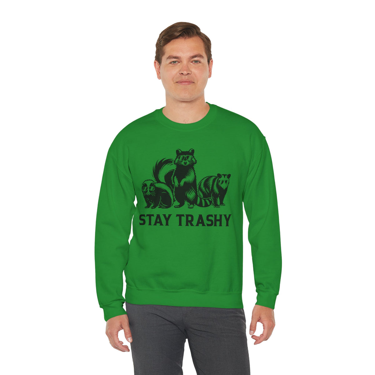 Stay Trashy, Skunk Raccoon Possum – Gildan Heavy Blend | Trendy Women’s and Men's Soft Sweatshirt. Direct to Garment. Printed & Shipped in the USA. Unisex Sizes.
