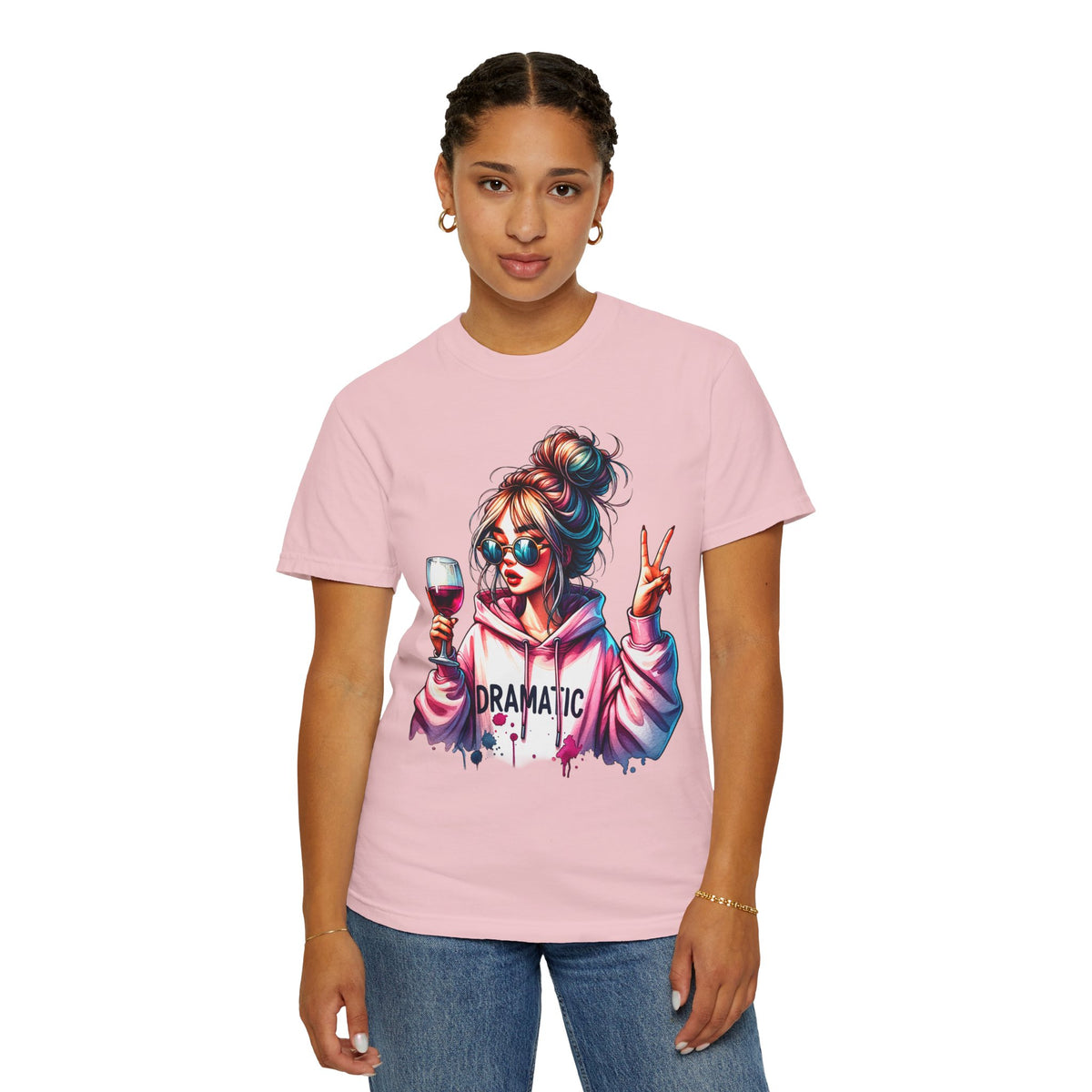 Dramatic Girl With Wine Messy Bun Peace Sign  - Comfort Colors | Trendy Women's T-Shirt. Direct to Garment. Printed & Shipped in the USA. Unisex Sizes.