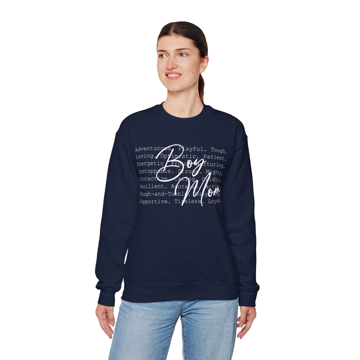 Boy Mom Typography – Gildan Heavy Blend | Trendy Women’s Soft Sweatshirt. Direct to Garment. Printed & Shipped in the USA. Unisex Sizes.