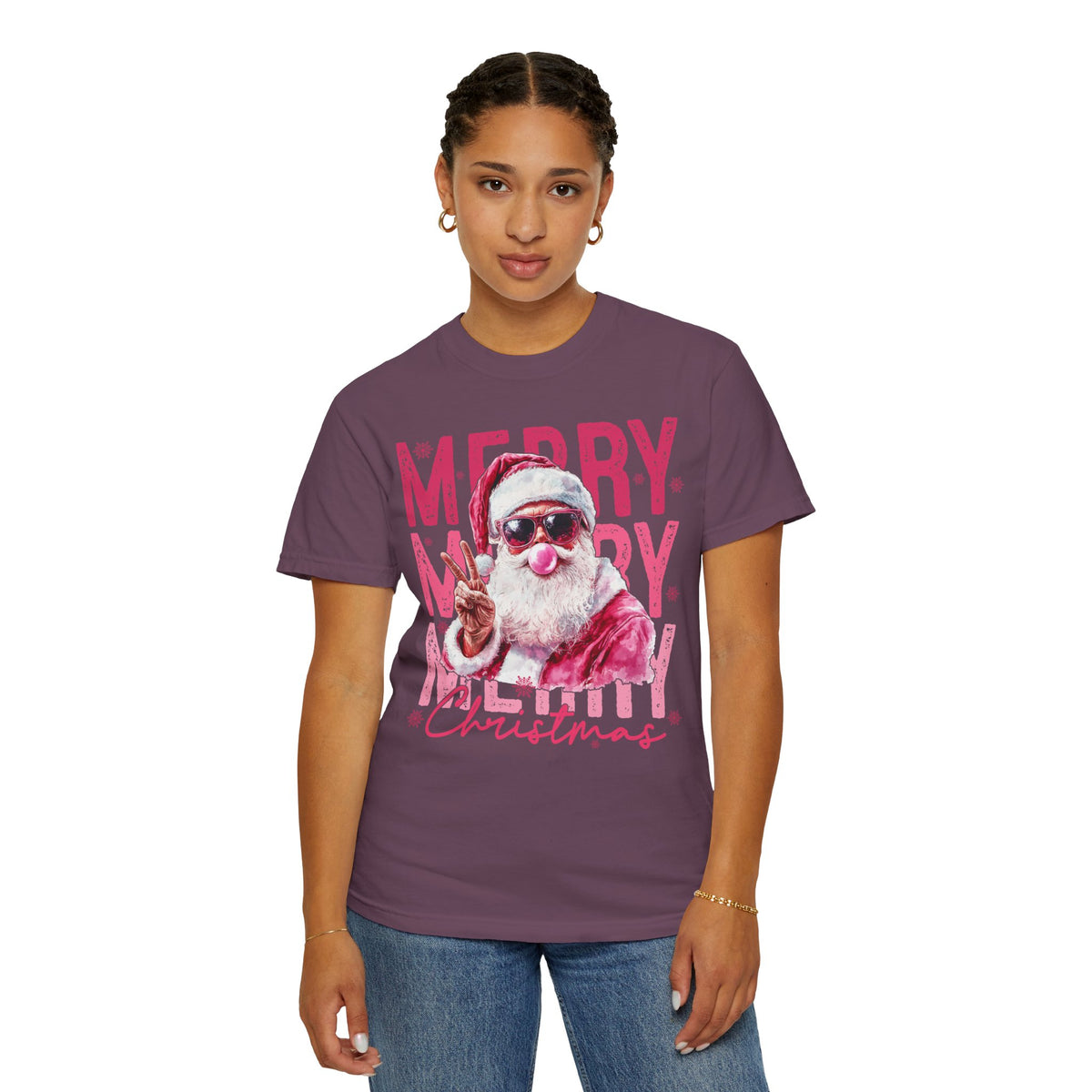 Pink Merry Christmas Bubblegum Santa - Comfort Colors | Trendy Women's T-Shirt. Direct to Garment. Printed & Shipped in the USA. Unisex Sizes.