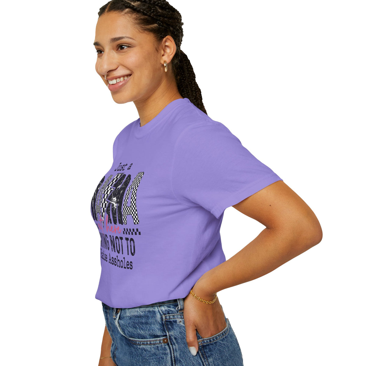 Just a Mama Out Here Trying Not To Raise Assholes - Comfort Colors | Trendy Women's T-Shirt. Direct to Garment. Printed & Shipped in the USA. Unisex Sizes.
