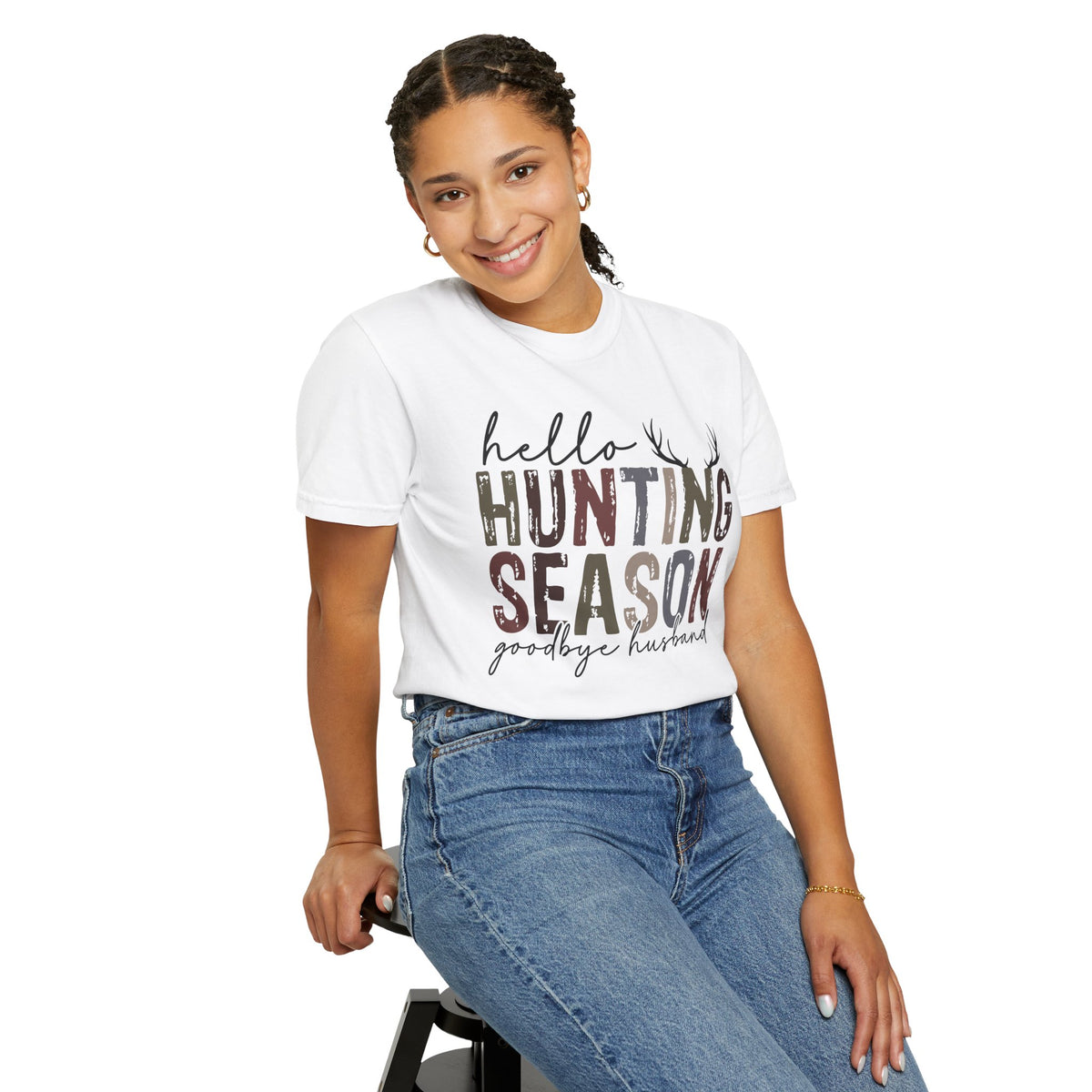 Hello Hunting Season Goodbye Husband Camouflage Wife - Comfort Colors | Trendy Women's T-Shirt. Direct to Garment. Printed & Shipped in the USA. Unisex Sizes.