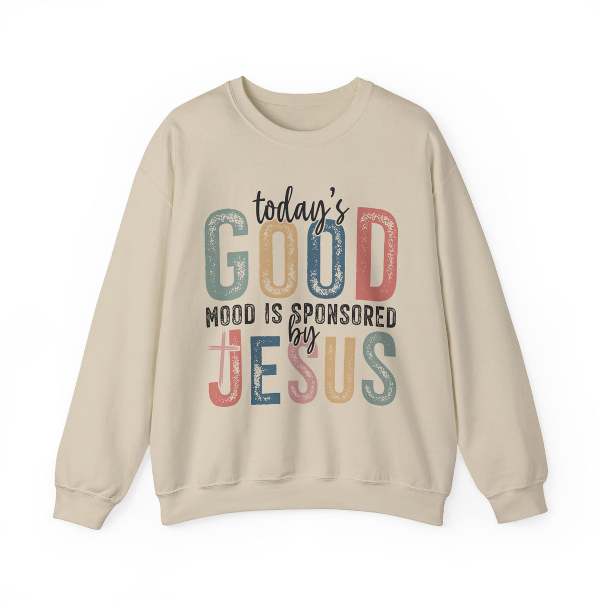 Today's Good Mood Sponsored By Jesus, Christian, Faith – Gildan Heavy Blend | Trendy Women’s Soft Sweatshirt. Direct to Garment. Printed & Shipped in the USA. Unisex Sizes.
