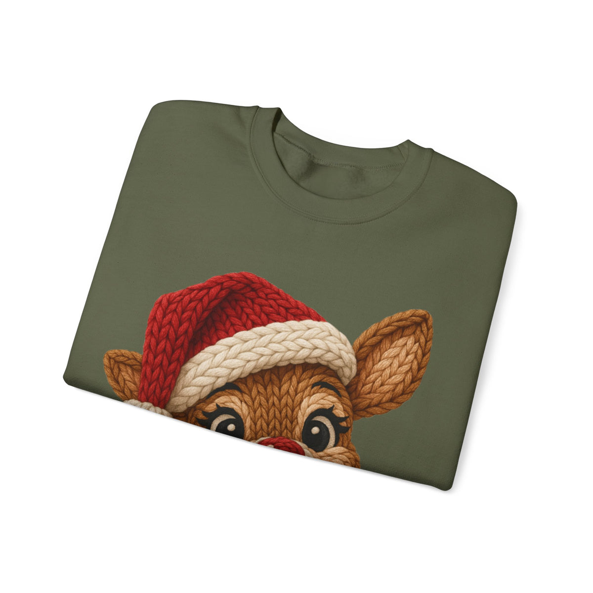 Cute Rudolph Faux Knit Look Reindeer w/Santa Hat – Gildan Heavy Blend | Trendy Women’s Soft Sweatshirt. Direct to Garment. Printed & Shipped in the USA. Unisex Sizes.
