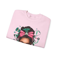 Nurse Life Messy Bun, Cute Stethoscope & Syringe – Gildan Heavy Blend | Trendy Women’s Soft Sweatshirt. Direct to Garment. Printed & Shipped in the USA. Unisex Sizes.