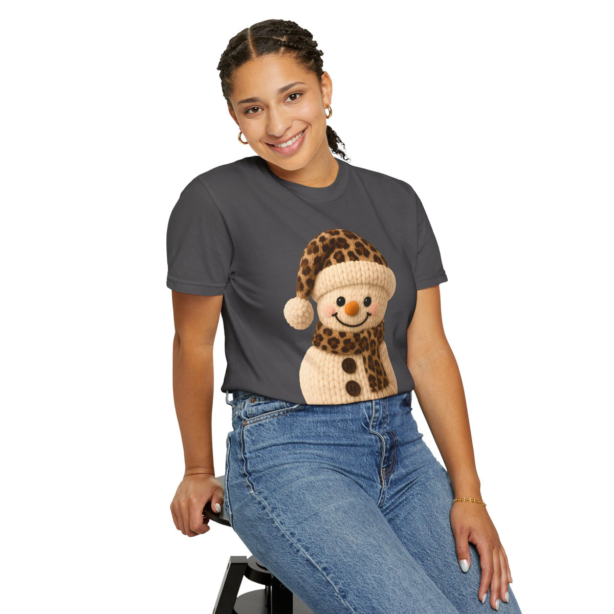 Cute Leopard Faux Knit Snowman Winter - Comfort Colors | Trendy Women's T-Shirt. Direct to Garment. Printed & Shipped in the USA. Unisex Sizes.