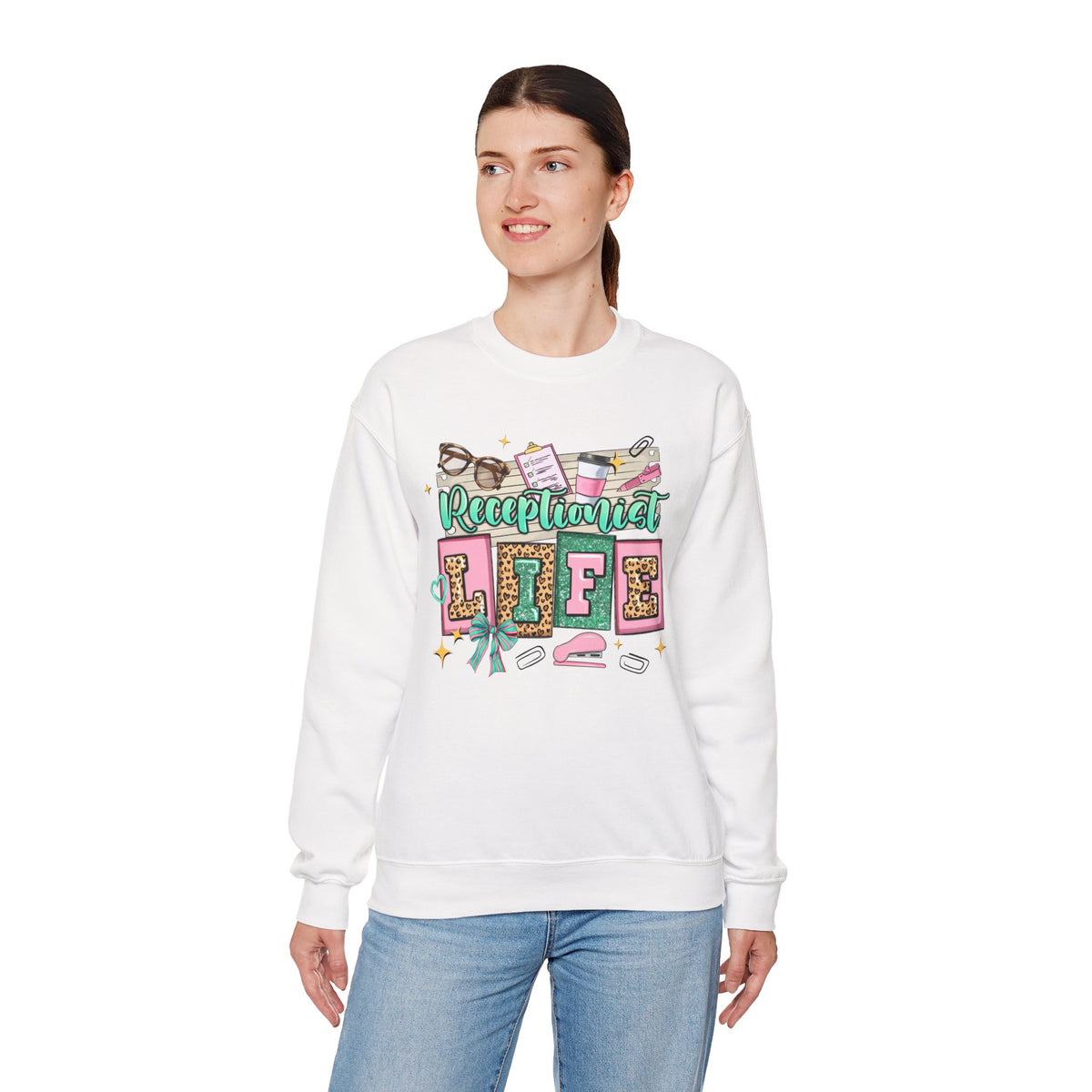Receptionist Life – Gildan Heavy Blend | Trendy Women’s Soft Sweatshirt. Direct to Garment. Printed & Shipped in the USA. Unisex Sizes.