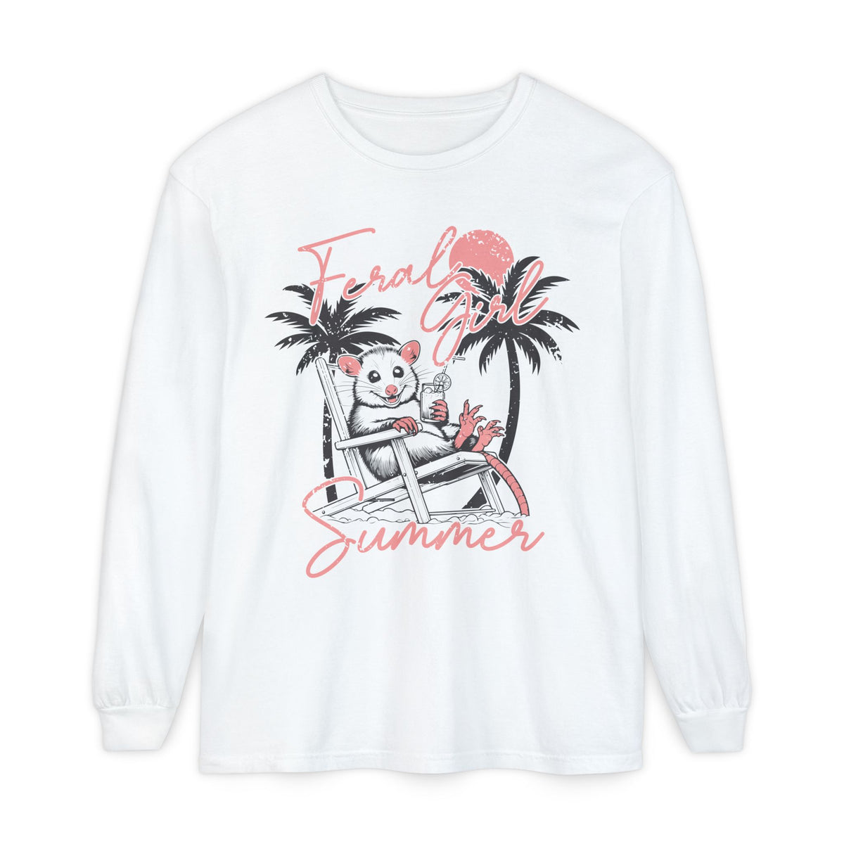 Feral Girl Summer, Possum on a Beach - Comfort Colors | Trendy Women's Long Sleeve T-Shirt. Direct to Garment. Printed & Shipped in the USA. Unisex Sizes.