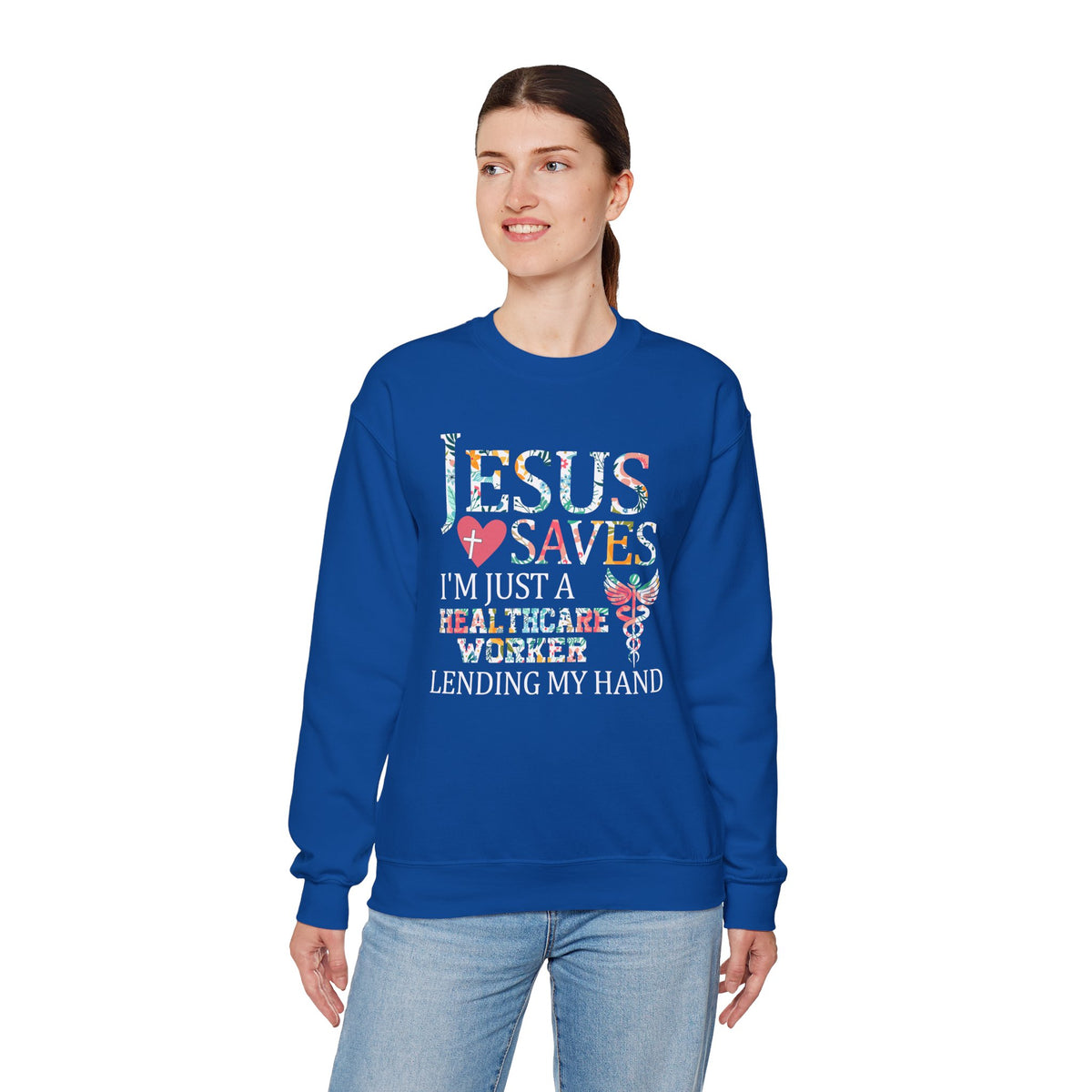 Jesus Saves - Healthcare Worker Lending My Hand – Gildan Heavy Blend | Trendy Women’s Soft Sweatshirt. Direct to Garment. Printed & Shipped in the USA. Unisex Sizes.