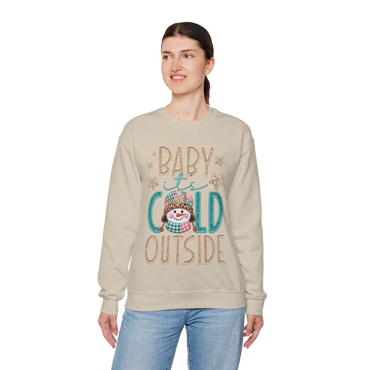 Baby It's Cold Outside Snowman – Gildan Heavy Blend | Trendy Women’s Soft Sweatshirt. Direct to Garment. Printed & Shipped in the USA. Unisex Sizes.