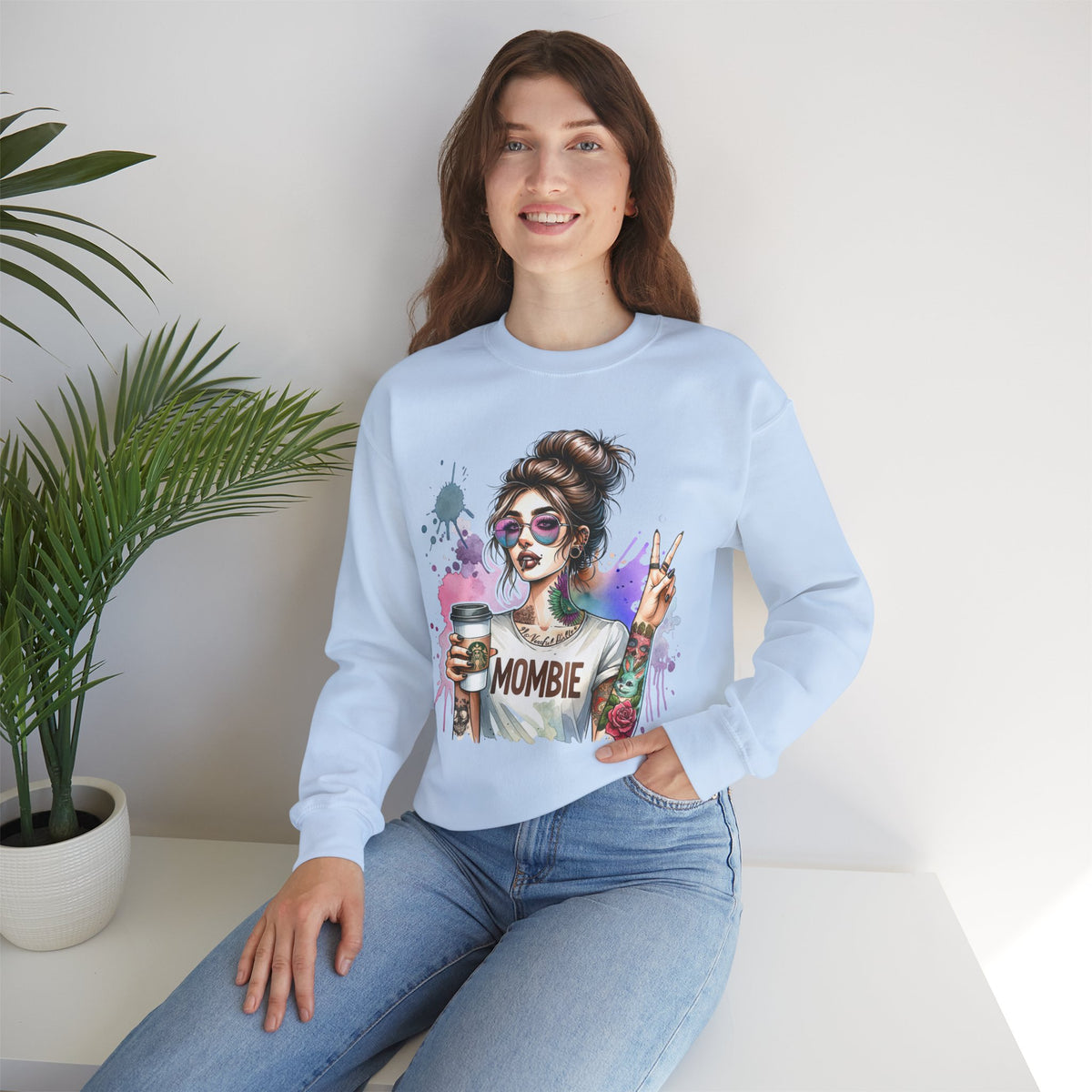 Cool Mombie with Coffee Peace Tattoo - Tired Mom – Gildan Heavy Blend | Trendy Women’s Soft Sweatshirt. Direct to Garment. Printed & Shipped in the USA. Unisex Sizes.