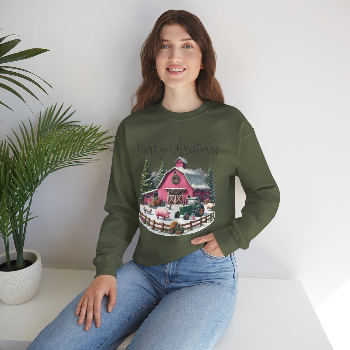 Merry Christmas Pink Barn Farm Animals – Gildan Heavy Blend | Trendy Women’s Soft Sweatshirt. Direct to Garment. Printed & Shipped in the USA. Unisex Sizes.
