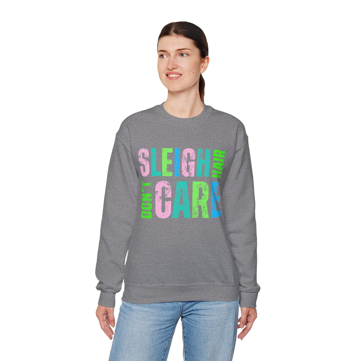 Sleigh Hair Don’t Care, Funny Christmas Graphic Tee – Gildan Heavy Blend | Trendy Women’s Soft Sweatshirt. Direct to Garment. Printed & Shipped in the USA. Unisex Sizes.
