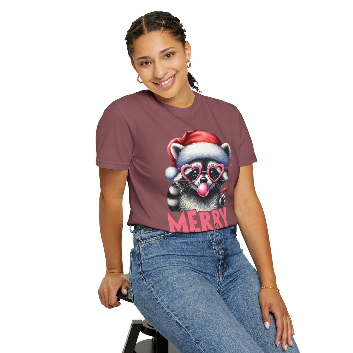 Merry Trashmas Bubblegum Raccoon w/Santa Hat Christmas - Comfort Colors | Trendy Women's T-Shirt. Direct to Garment. Printed & Shipped in the USA. Unisex Sizes.