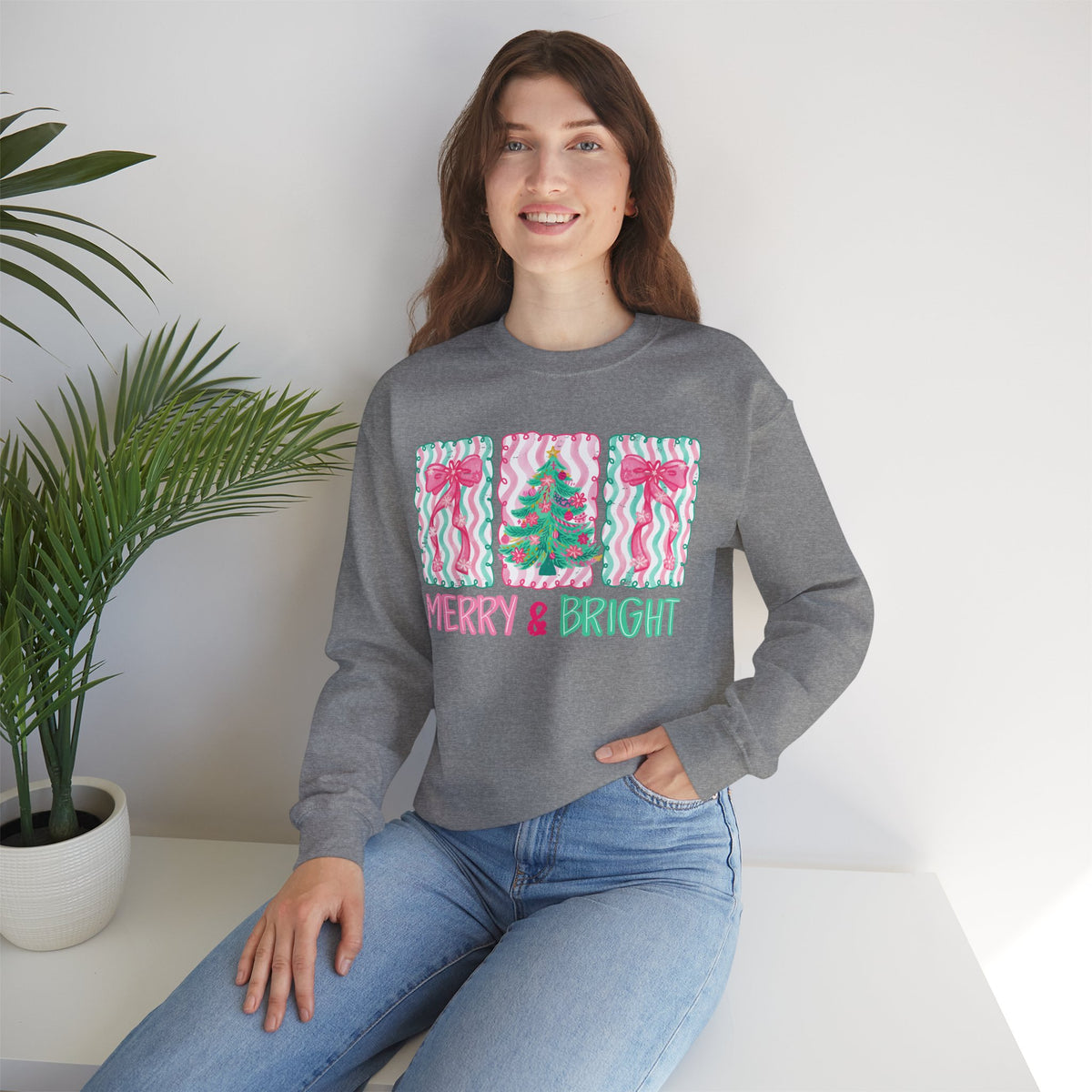 Merry & Bright Christmas - Pink & Green Holiday Tree Design – Gildan Heavy Blend | Trendy Women’s Soft Sweatshirt. Direct to Garment. Printed & Shipped in the USA. Unisex Sizes.