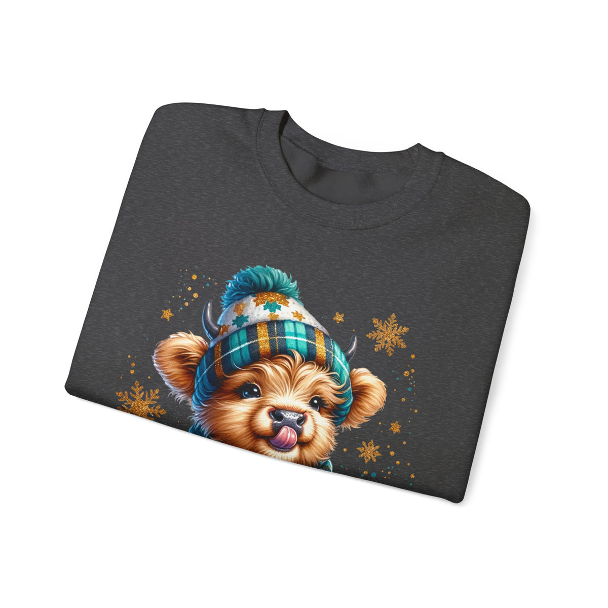 Winter Baby Highland Cow with Cocoa – Gildan Heavy Blend | Trendy Women’s Soft Sweatshirt. Direct to Garment. Printed & Shipped in the USA. Unisex Sizes.