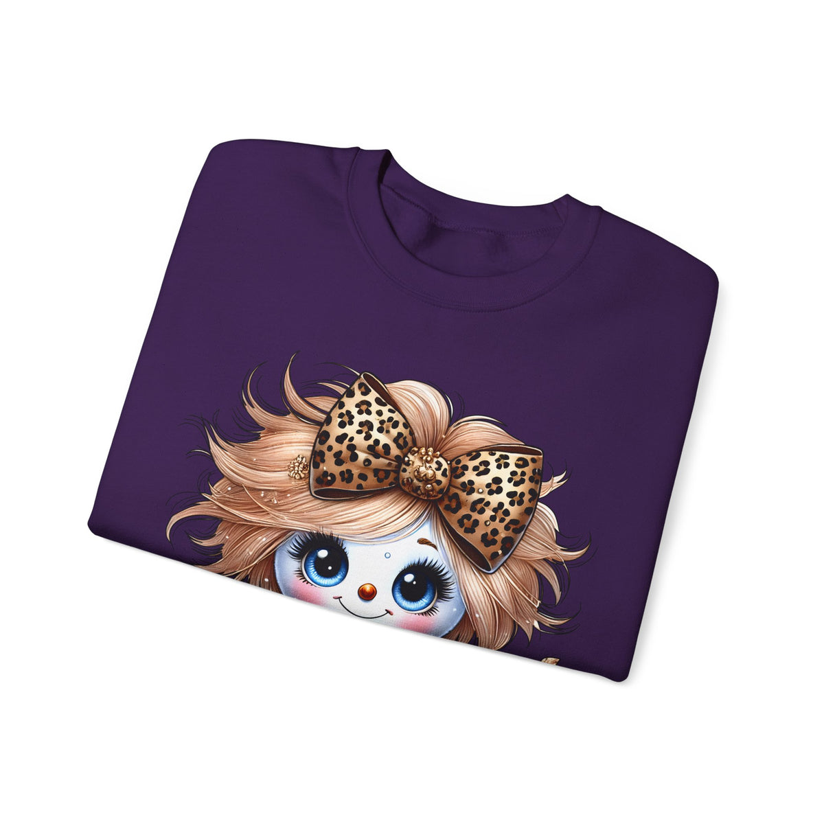 Snowgirl Cute Leopard Bow Snowman, Winter Cozy – Gildan Heavy Blend | Trendy Women’s Soft Sweatshirt. Direct to Garment. Printed & Shipped in the USA. Unisex Sizes.