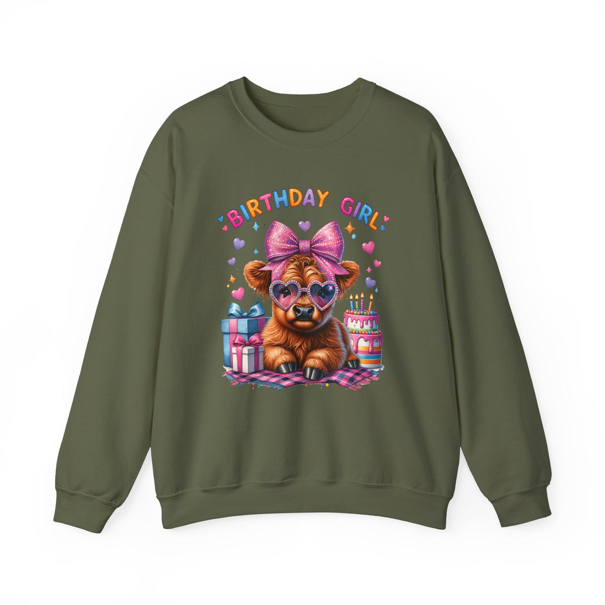 Birthday Girl, Highland Cow – Gildan Heavy Blend | Trendy Women’s Soft Sweatshirt. Direct to Garment. Printed & Shipped in the USA. Unisex Sizes.