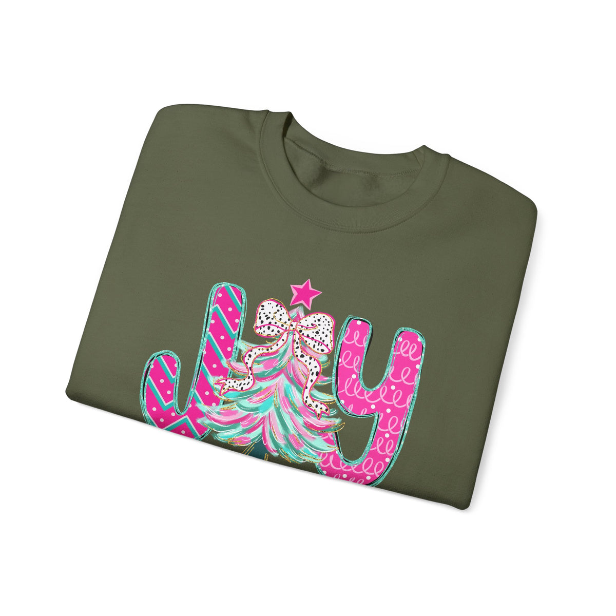 Joy to the World w/Christmas Tree Pink and Teal – Gildan Heavy Blend | Trendy Women’s Soft Sweatshirt. Direct to Garment. Printed & Shipped in the USA. Unisex Sizes.