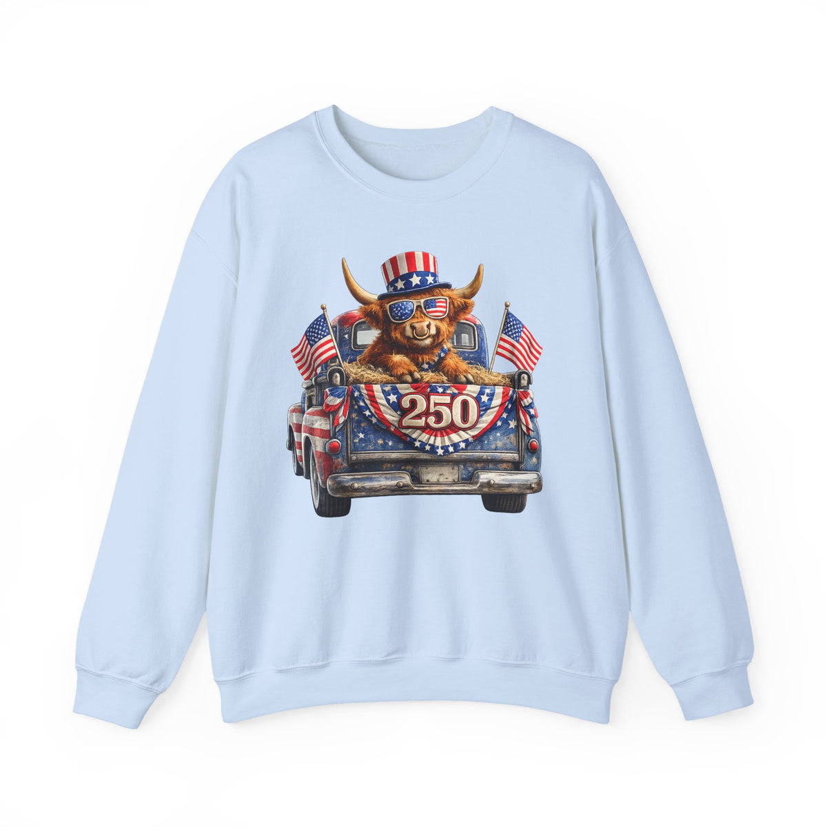 Patriotic Highland, America's 250th Birthday – Gildan Heavy Blend | Trendy Women’s and Men's Soft Sweatshirt. Direct to Garment. Printed & Shipped in the USA. Unisex Sizes.