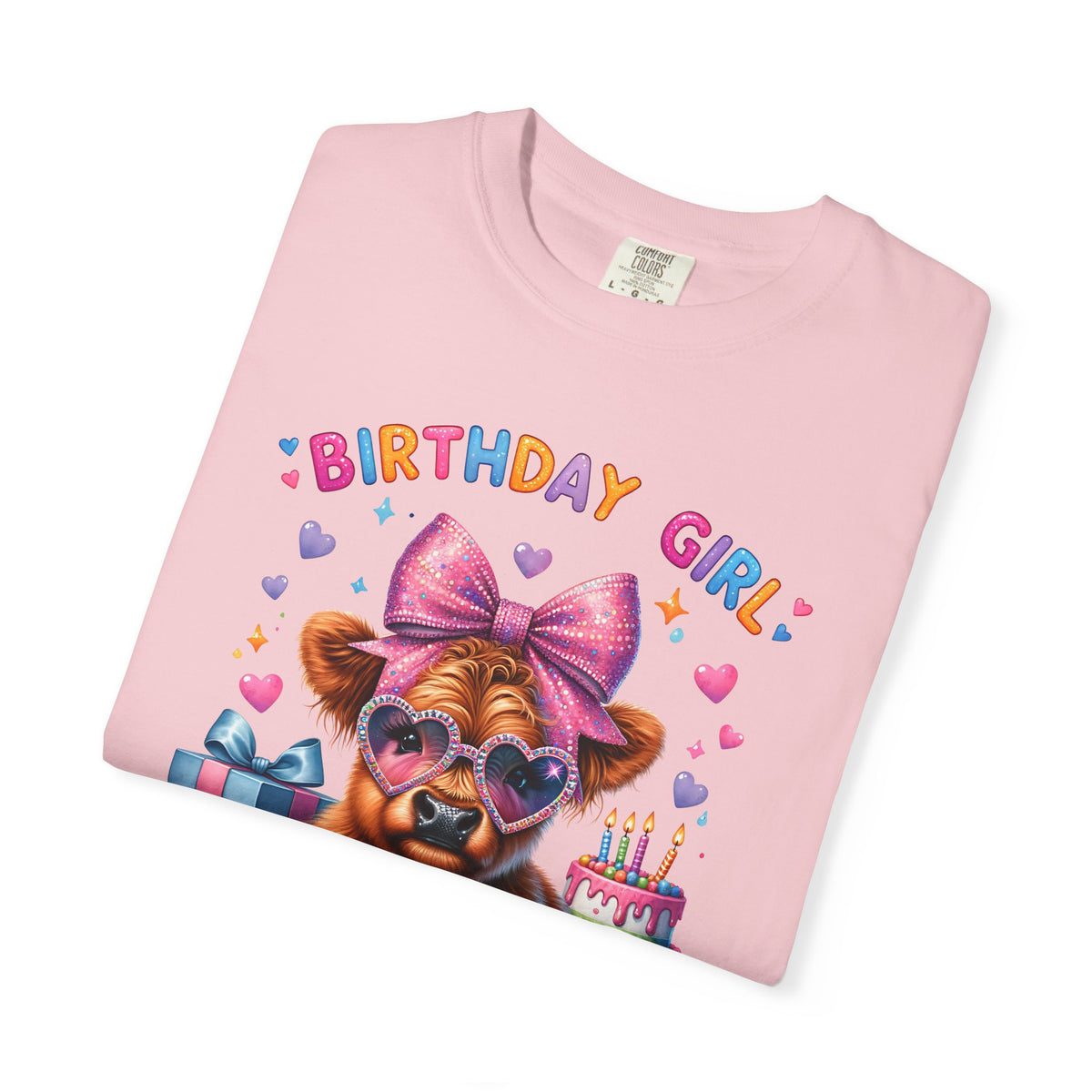 Birthday Girl, Highland Cow - Comfort Colors | Trendy Women's T-Shirt. Direct to Garment. Printed & Shipped in the USA. Unisex Sizes.