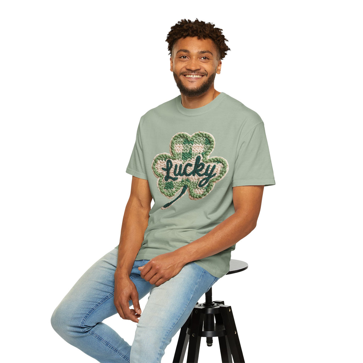 Lucky Shamrock Faux Knit - Comfort Colors | Trendy Men's and Women's T-Shirt. Direct to Garment. Printed & Shipped in the USA. Unisex Sizes.